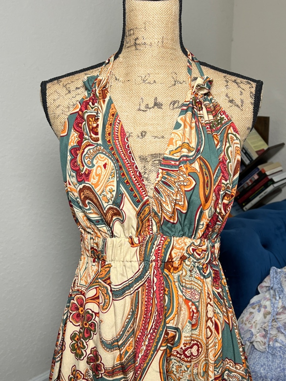 Boho Halter Maxi Dress in Cream & Teal Paisley - Picture 7 of 8